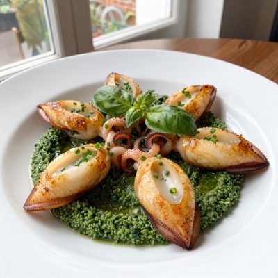 Calamaretti farciti di scampi, ricotta ed erba cipollina