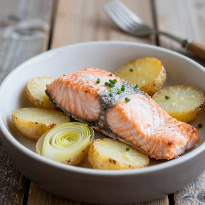 Salmone su patate e porri