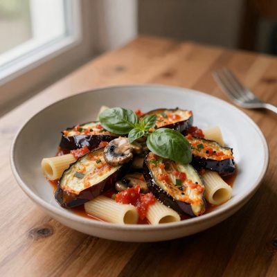 Bucatini con funghi e melanzane