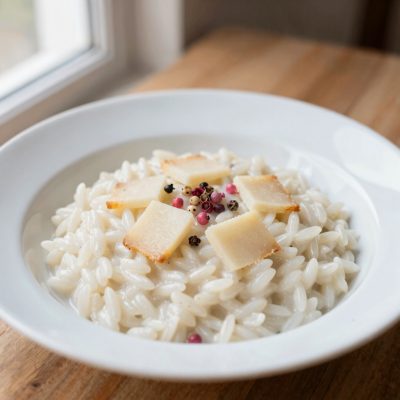 Risotto con provola affumicata profumato al pepe rosa