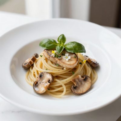 Spaghetti con Porcini, Foie Gras e fiori di Basilico