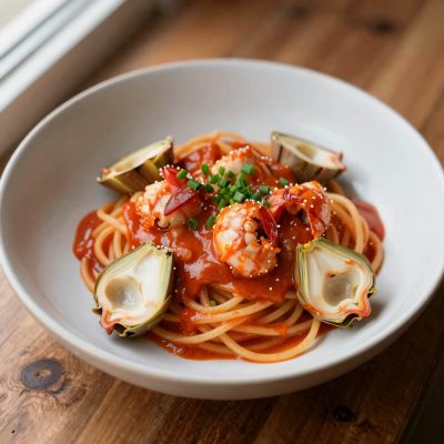 Spaghetti con salsa di Astice e cuori di Carciofi marinati