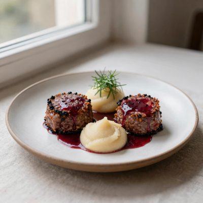 Nocette di capriolo salsa di Ribes e Rafano, purea di Castagne e Mele Cotogne