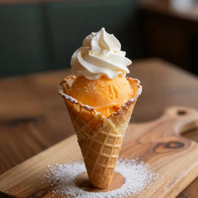 Crespelle alla panna e gelato all’arancia