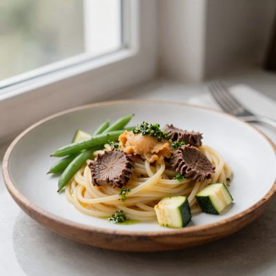 Bavette con Tartufi di mare, Fagiolini, Zucchini e Pesto