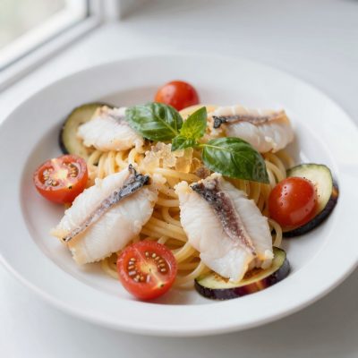 Bavettine con filetti di Triglia di scoglio con Filangè di Melanzana e Ciliegini