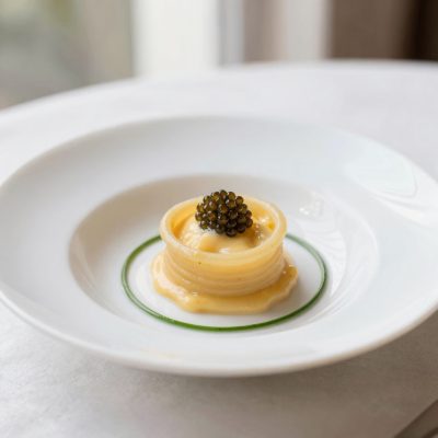 Turbante di Bucatini con Caviale e Burro alla Cipollina