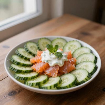 Antipasto caldo di salmone e cetrioli