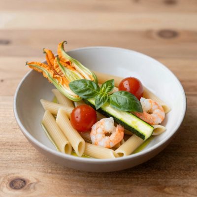 Mezze penne ai fiori di zucchine e gamberetti