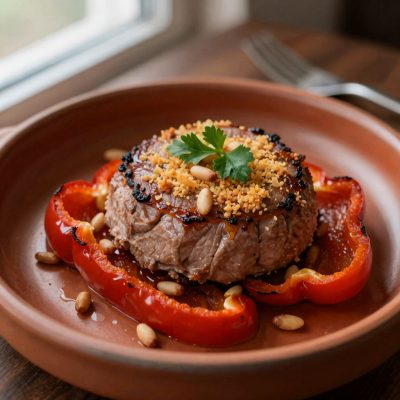 Medaglioni di filetto di vitello in salsa di peperoni, uvetta e pinoli